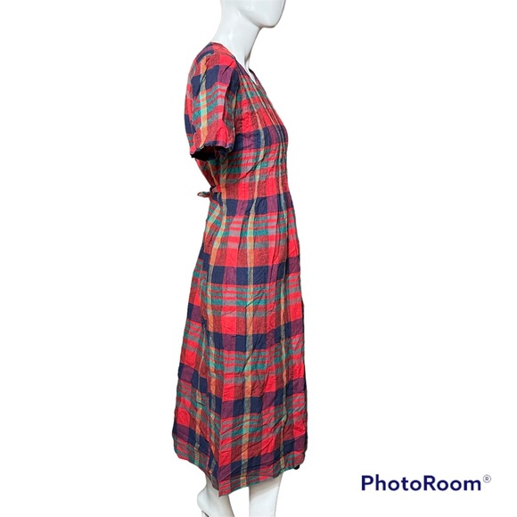 Vintage Plaid Christmas Dress Womens size 10 Red Green Long 90s Holiday Linen - Picture 4 of 8